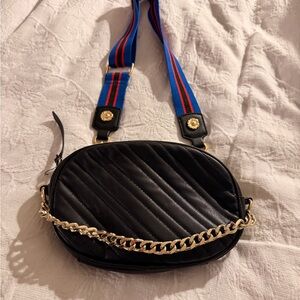 Express Black Crossbody Bag with Gold Chain and Blue Strap